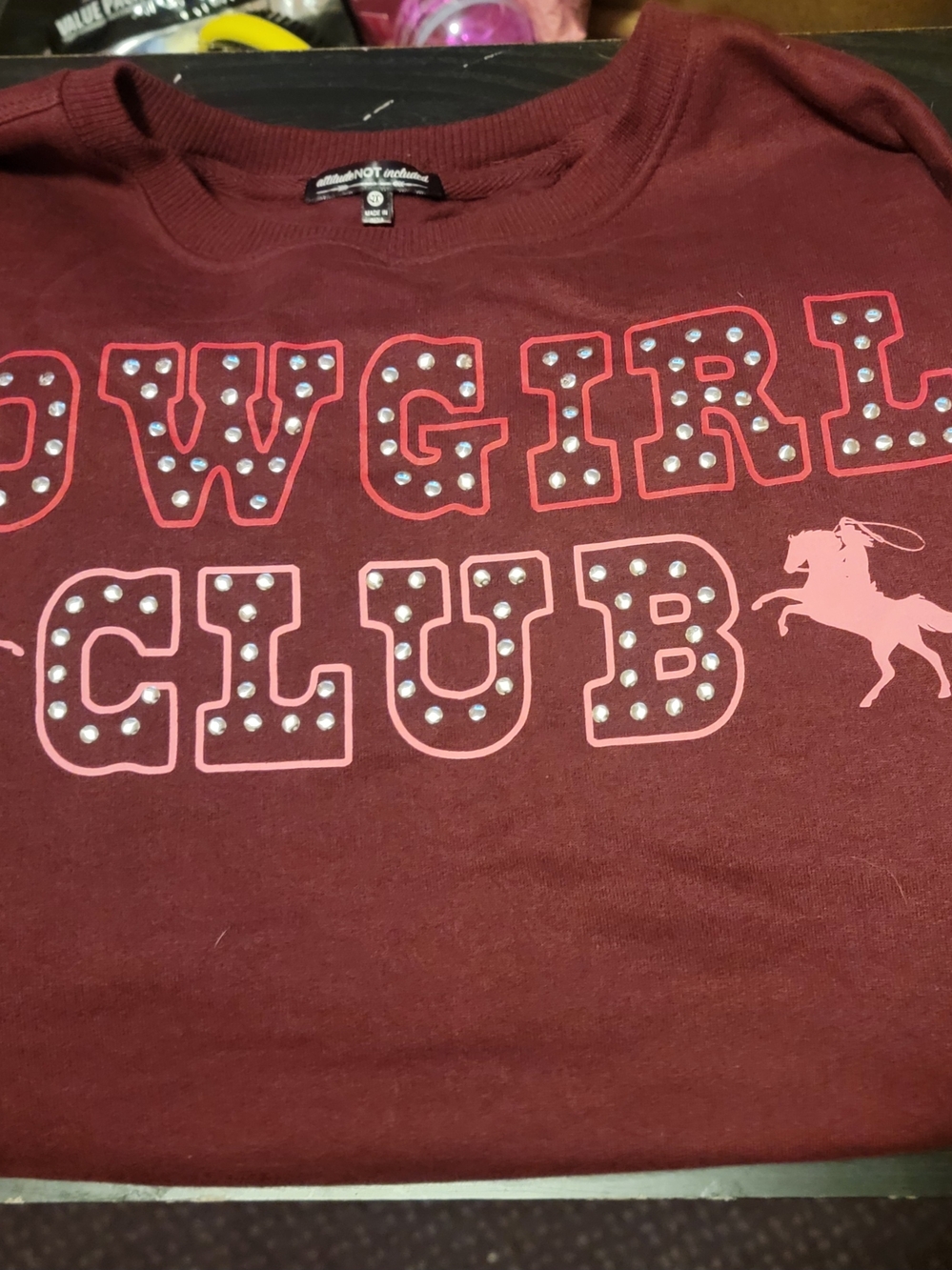 Cowgirl Club Ladies Maroon Graphic Sweatshirt with Stud Accents